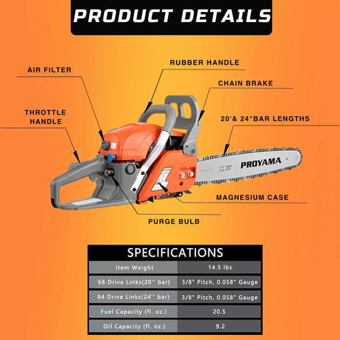 Detailed view of Beast 68Cc Gas Chainsaw With 20 And 24 Inch Guide Bars, highlighting features like rubber handle and chain brake.