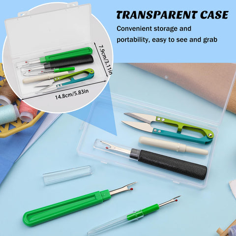 Seam Ripper Kit With 2 Large And 2 Small Stitch Removers, Thread Snips For Sewing And DIY Crafting, displayed in transparent case