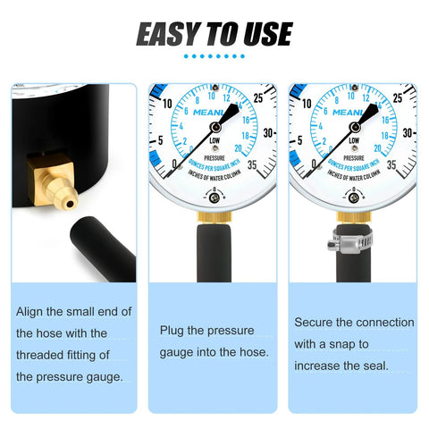 Meanlin gas pressure test kit with 0–35 in WC gauge and 40-in hose; 1/8 in NPT fitting.