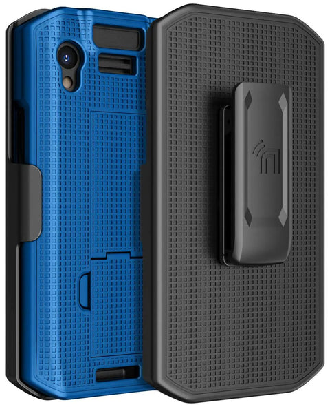 Sweet Kickstand Hard Shell Case And Rotating Belt Holster Bundle For Portable Scanners, showing blue case and black holster.