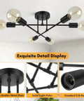 Six Light Modern Chandelier In Black with E26 Base, featuring 22 Inch semi flush mount and retro geometric design, detail view