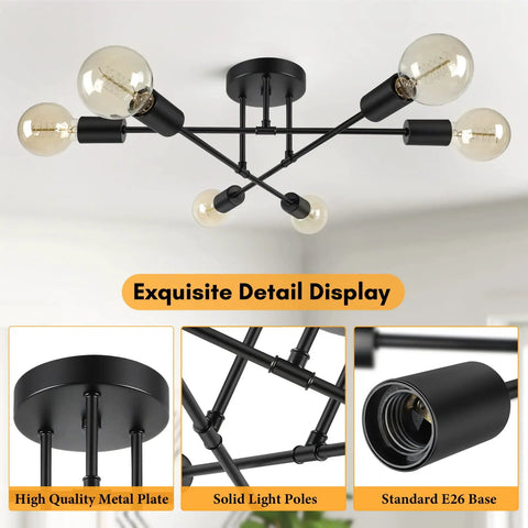 Six Light Modern Chandelier In Black with E26 Base, featuring 22 Inch semi flush mount and retro geometric design, detail view