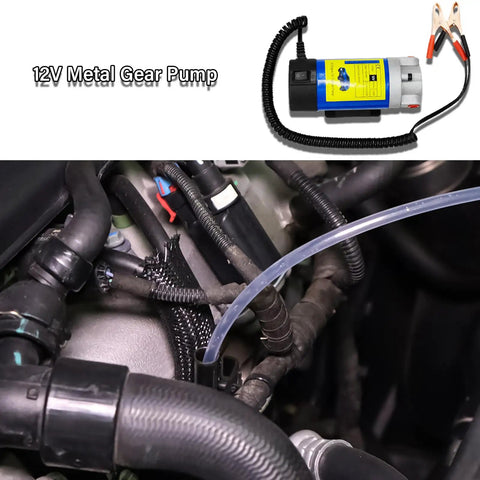 Heavy Duty DC 12V 100W Oil Extractor Pump With Straight Plug In Self Priming Motor And Low Noise Design for use in vehicle engine.