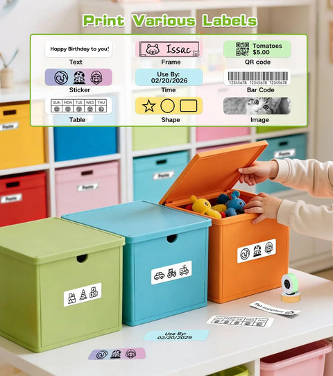 Slick Portable Bluetooth Label Maker With Included Tape, Compact Mini Label Printer For Seamless Home Organization And Office Supplies. Various labels printed for color-coded bins.