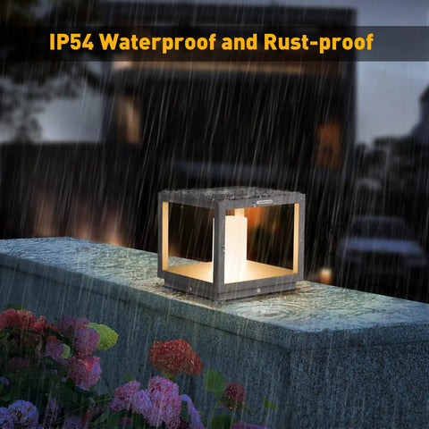No Wiring Needed Solar Post Light For Outdoors, Modern LED Garden Lighting, IP54 Waterproof Stainless Steel Fixture, 3W 450LM on stone wall in rain