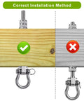 Installation guide showing correct method with Top Shelf Heavy Duty Swing Hangers Rust Proof 304 Stainless Steel.