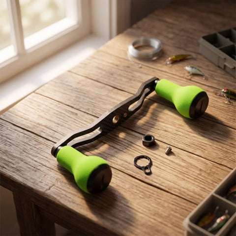 Upgrade Your Gear With This Epic Carbon Fiber Fishing Reel Handle Arm Set Featuring Double TPE Knobs Perfect For Smooth Cranking And Total Control In Green. Carbon fiber fishing reel handle with double green TPE knobs, top view