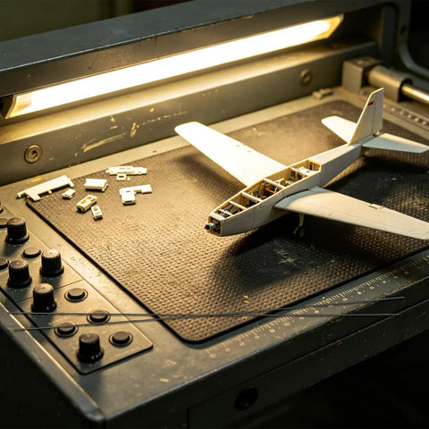 Workbench with Ten Pack Carbon Fiber Wing Spar Poles for RC Planes next to model fuselage.