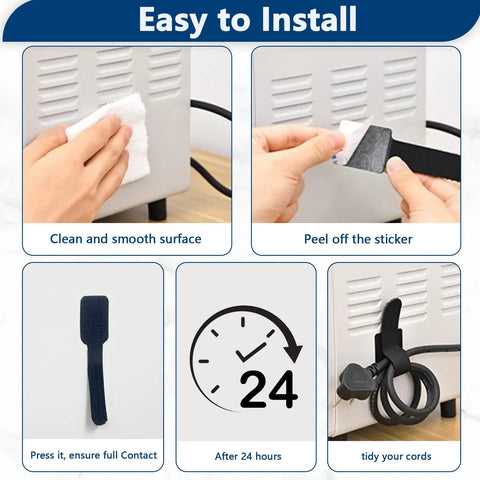 Installation steps for 50 Pack Hook And Loop Cable Ties For Under Desk Cable Management, Self Adhesive Cable Clips, White.