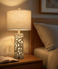 Dual Light Table Lamps With Touch Control, 3-Way Dimmable, 24.75 Inch Tall, Ceramic Bedside Lamps with linen shade on nightstand in bedroom.