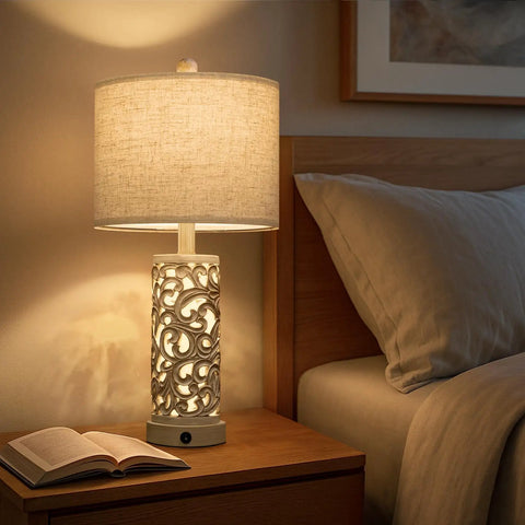 Dual Light Table Lamps With Touch Control, 3-Way Dimmable, 24.75 Inch Tall, Ceramic Bedside Lamps with linen shade on nightstand in bedroom.