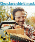 Smiling man in safety gear using chainsaw, wearing 4 Pack Anti Fog Full Face Shield With Glasses Set Clear See Through Goggles.