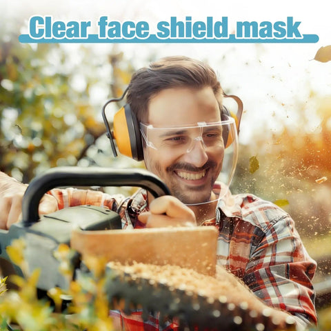 Smiling man in safety gear using chainsaw, wearing 4 Pack Anti Fog Full Face Shield With Glasses Set Clear See Through Goggles.