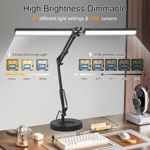 2 In 1 LED Desk Lamp With Clamp, 24W Ultra Bright Table Lamp on desk demonstrating color modes and dimming settings