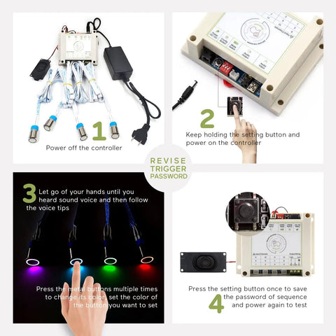 Escape Room LED Button Set With 7 Color Lights Color Password Trigger To Unlock A 12V Magnet Lock steps and components