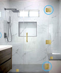Premium Solid Brass 90 Degree Glass Shower Door Hinges With Short Back Plate Requiring Exact Glass Cutout For Rock Solid Grip No Sweat Install and Hard As Nails Everyday Security in modern bathroom shower