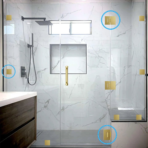 Premium Solid Brass 90 Degree Glass Shower Door Hinges With Short Back Plate Requiring Exact Glass Cutout For Rock Solid Grip No Sweat Install and Hard As Nails Everyday Security in modern bathroom shower