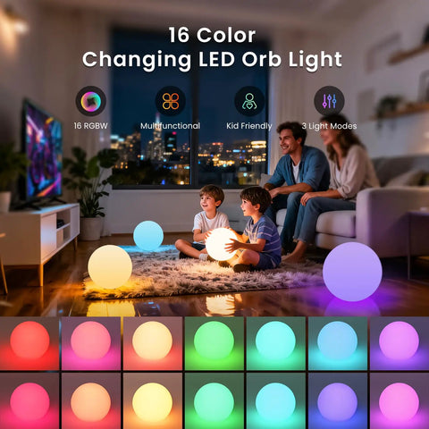 Family enjoying 8 Inch LED Night Light Ball With Remote, 16 RGB Colors, Dimmable Globe, Rechargeable Floating Pool Light indoors