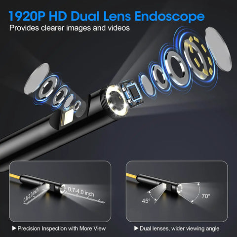 Exploded view of 1920P HD Borescope With 8 Adjustable LEDs, showcasing dual lens and wide viewing angle functionality.