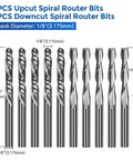 Ten-piece set of upcut and downcut spiral router bits with 1/8 inch shank diameter, shown from the front view.