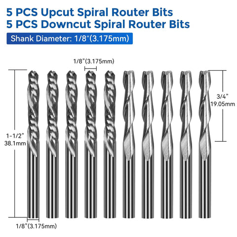 Ten-piece set of upcut and downcut spiral router bits with 1/8 inch shank diameter, shown from the front view.