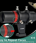 Mini 40mm Guide Scope Bundle With Universal Dovetail Base For Telescopes showing focuser with scale for accurate focusing.
