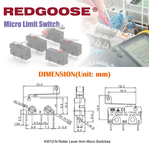 Diagram and installation of 30 Pack KW12 Micro Limit Switches Kit SPDT 1NO 1NC 250VAC 5A Includes KW12A KW12B KW12N Lever Arm Switches.