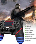 Wireless PS4 Controller For PS4 Pro Slim And Windows PC With 3.5mm Audio Jack Touch Pad Six Axis Motion Control Ergonomic Design And Included Charging Cable In Bold Black Red For Gamers shown under a gaming action scene.