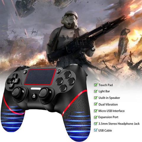 Wireless PS4 Controller For PS4 Pro Slim And Windows PC With 3.5mm Audio Jack Touch Pad Six Axis Motion Control Ergonomic Design And Included Charging Cable In Bold Black Red For Gamers shown under a gaming action scene.