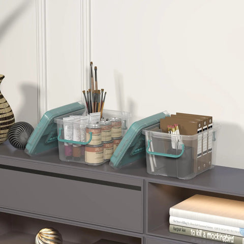 Clear Multi Layer Medicine Storage Box And First Aid Organizer for home office with art supplies on white shelf.