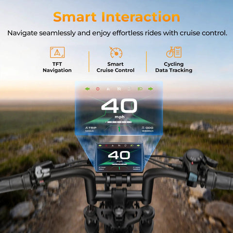Beast Mode Electric Dirt Bike With Full Suspension And Rapid Two Hour Charging Built For Crushing Gnarly Forest Paths And Cruising Open Roads With Serious Grip. TFT display showing speed and navigation.