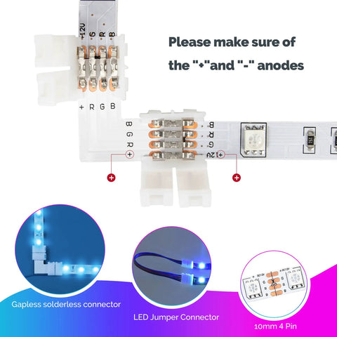 LED Strip Connector Kit For 5050 10Mm 4Pin With 8 Solderless Accessories, gapless connector and LED jumper detail