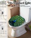 Round Majestic Peacock Chinoiserie Gold Feather Display Ornate Toilet Seat on standard toilet with adjustable hinges.