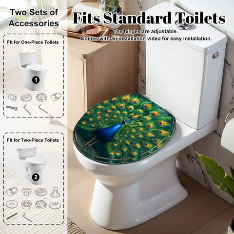 Round Majestic Peacock Chinoiserie Gold Feather Display Ornate Toilet Seat on standard toilet with adjustable hinges.