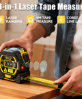 3 In 1 Laser Tape Measure With Digital Readout And LCD Display For Fast One Person Measurements At Home And On Job Sites Up To 197 Feet With Bright Sun Visible Laser And Simple One Handed Use, black and yellow measuring tool on table