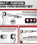 Pass-through ratchet wrench set showing unlock function for 1/4, 3/8, and 1/2 inch drives in use with chrome vanadium material.
