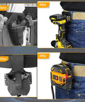 Before and after using 2 Pack Drill Holder Clip For Tool Belt With Quick Release, showing impact driver and tape measure holster