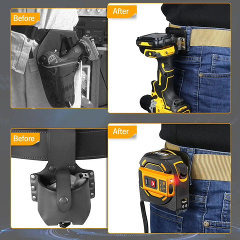 Before and after using 2 Pack Drill Holder Clip For Tool Belt With Quick Release, showing impact driver and tape measure holster