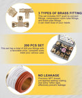 Image showing the 200 Pcs Brass DOT Air Brake Line Fittings And Nylon Tube Compression Fittings Assortment Kit with highlights on fittings types, set size, and no leakage features.