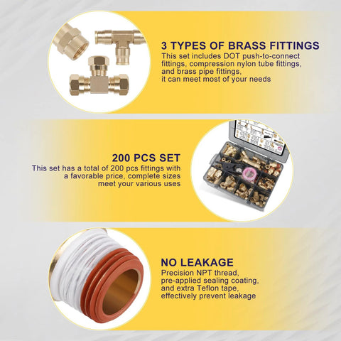 Image showing the 200 Pcs Brass DOT Air Brake Line Fittings And Nylon Tube Compression Fittings Assortment Kit with highlights on fittings types, set size, and no leakage features.