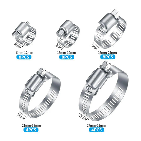 Heavy Duty Stainless Steel Hose Clamps Kit, Thirty Two Pack, Adjustable from One Quarter Inch to Two Inches, Six to Fifty One Millimeters