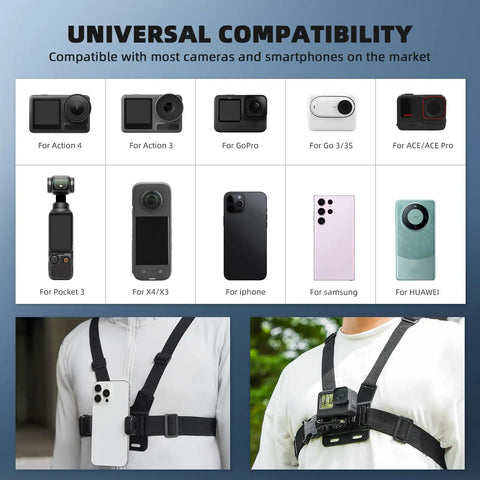 Go To POV Phone Chest Mount And Head Mount Camera Rig For Recording Vlogs Body Harness on man with camera and phone compatibility chart