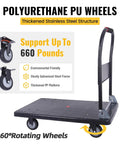 Foldable Heavy Duty Push Cart Dolly With 660 Lb Capacity And Swivel Wheels For Home Garage Or Warehouse Use, featuring 360° rotating wheels and durable platform.