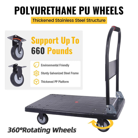 Foldable Heavy Duty Push Cart Dolly With 660 Lb Capacity And Swivel Wheels For Home Garage Or Warehouse Use, featuring 360° rotating wheels and durable platform.
