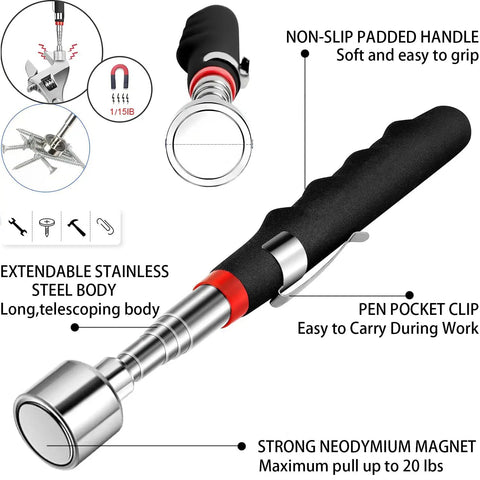 2 In 1 Magnetic Pickup Tool And Grabber Set With nonslip handle, pen clip, telescoping steel body, magnet 20 lb pull