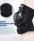 Close-up of black knee pads elbow pads and wrist guards full protective gear for skateboarding inline skating and scooter, hard PP shell.