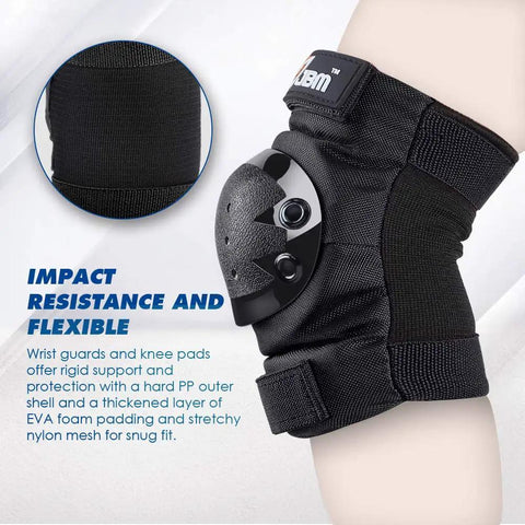 Close-up of black knee pads elbow pads and wrist guards full protective gear for skateboarding inline skating and scooter, hard PP shell.