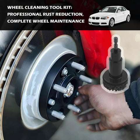 Badass Wheel Hub Cleaning Tool Kit That Kicks Rust Right Out Featuring one half inch drive adapter and grinding pads in use on brake.