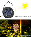 2 Pack Hanging Solar Lights With Moroccan Olive Pattern Lanterns lit at night, solar panel charging in daylight