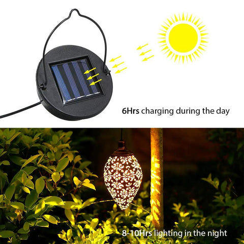 2 Pack Hanging Solar Lights With Moroccan Olive Pattern Lanterns lit at night, solar panel charging in daylight
